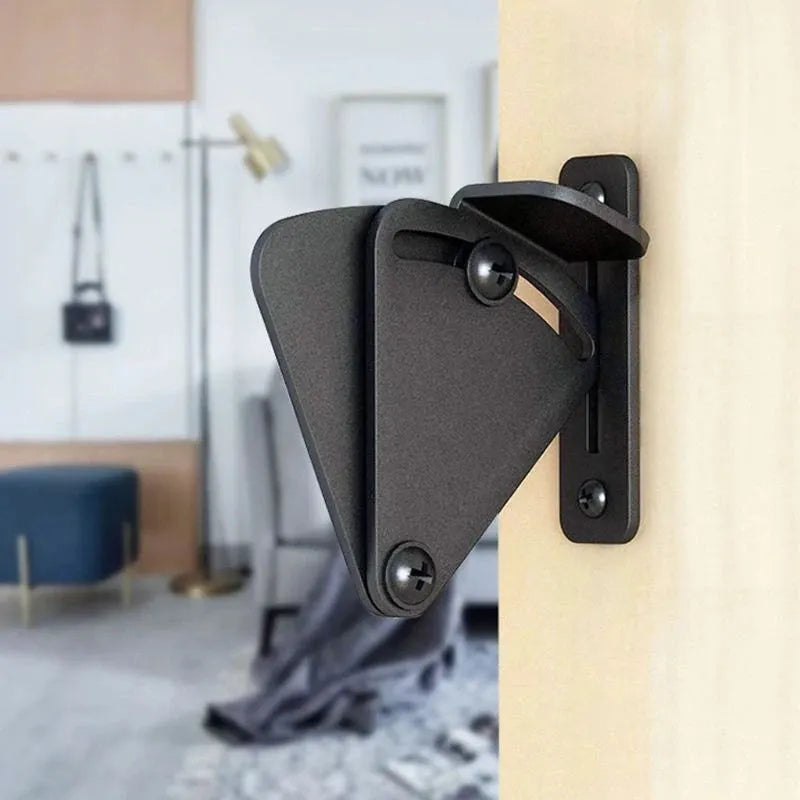 Black stainless steel sliding barn door lock showing S and M size options for different gap measurements