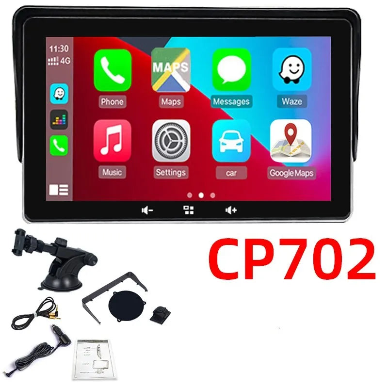7 inch wireless CarPlay car display with cigarette lighter interface and suction cup mount