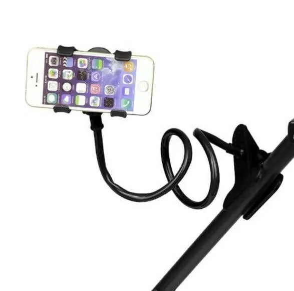 Black flexible long arm phone stand with V-clip holder extended on a desk