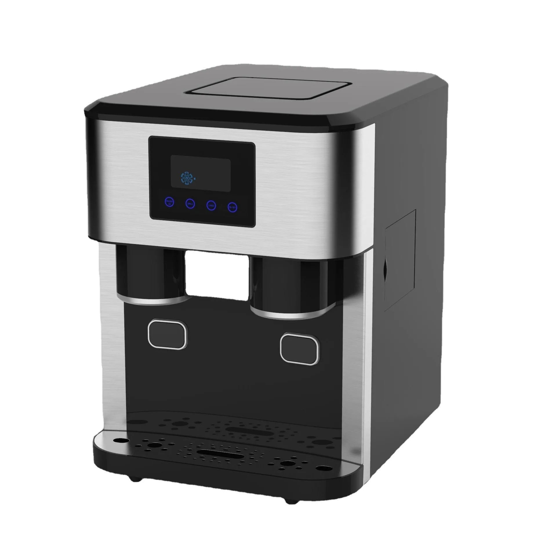 Black desktop ice maker with stainless steel interior showing ice crushing and water dispensing functions