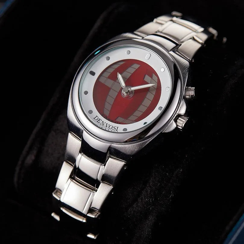 Y2K style men's digital watch with dual display and red face on alloy strap