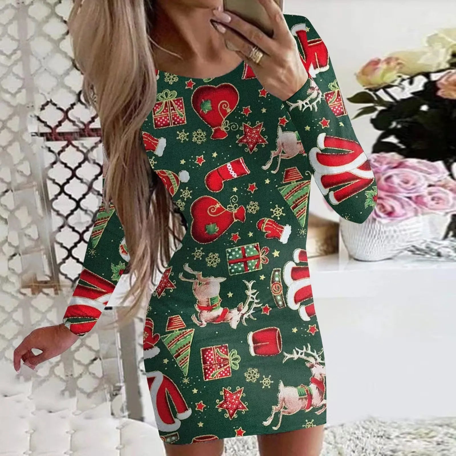 Women's Christmas printed polyester dress with animal pattern in floral colours, featuring round neck and long sleeves