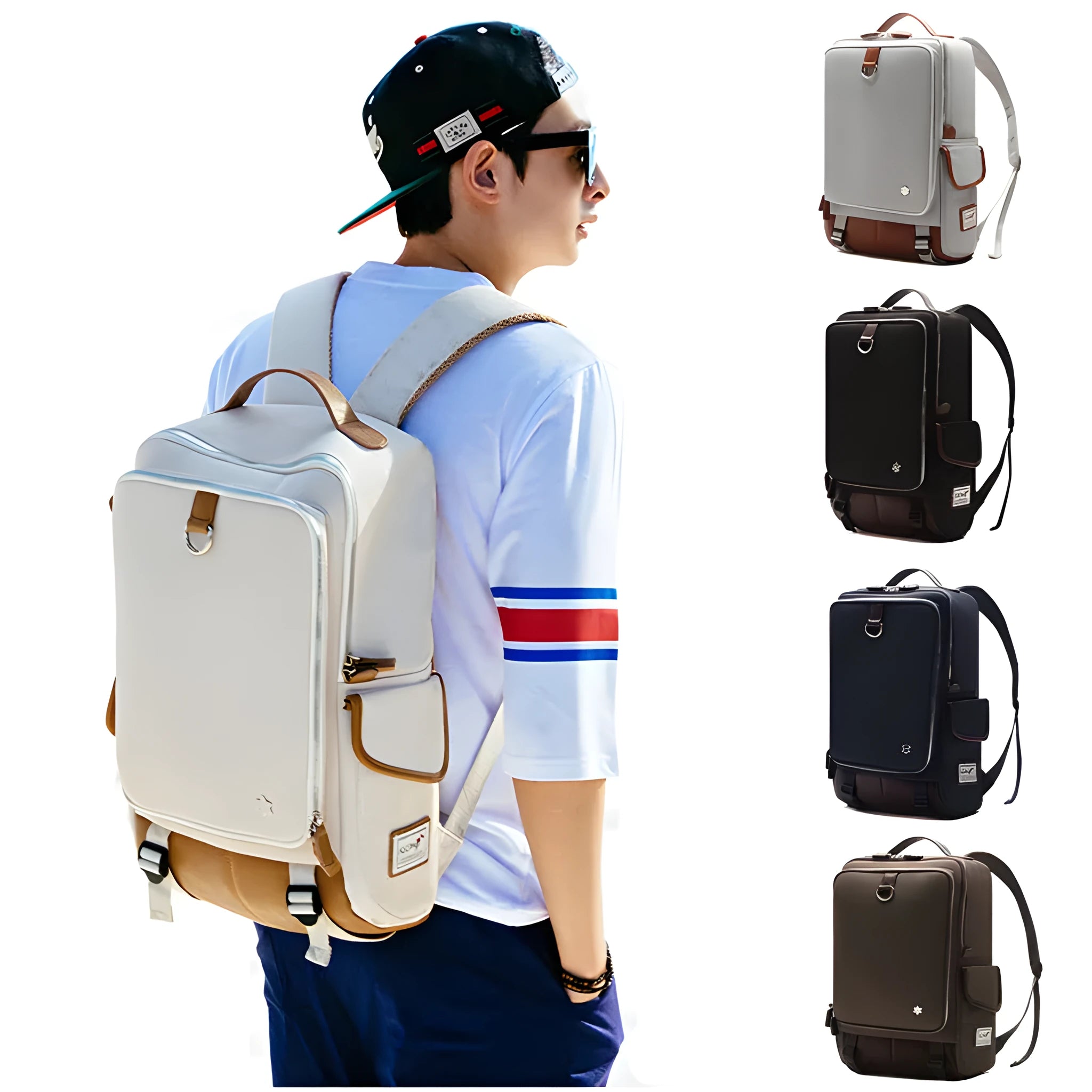 Men's modern Oxford cloth backpack in seven colour options showing dimensions of 30cm wide by 16cm thick by 46cm high
