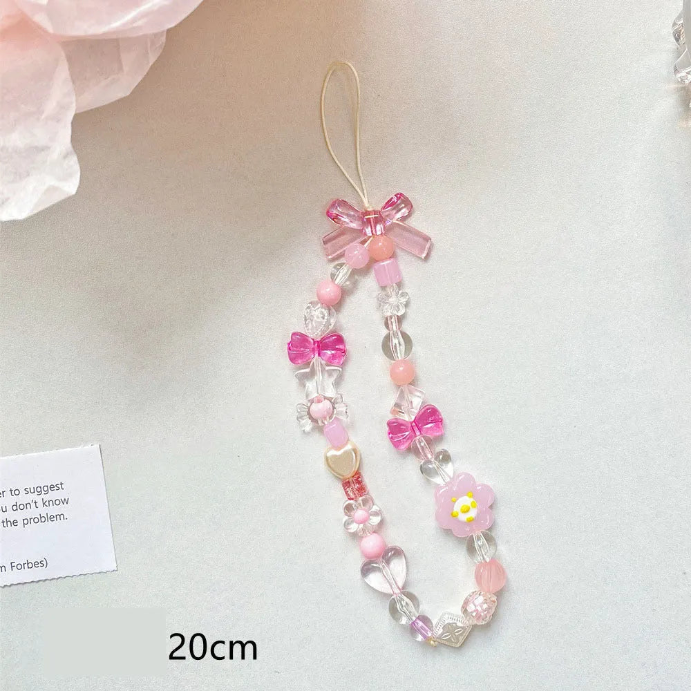 Beaded flower mobile phone lanyard with colourful plastic resin beads on adjustable rope