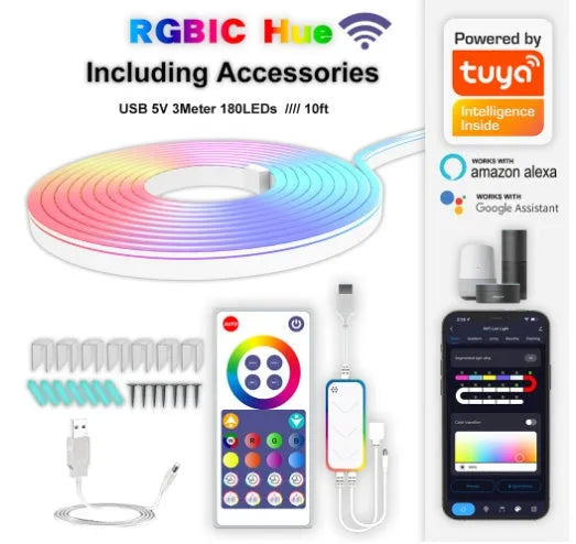 3 metre long RGB neon light strip with remote control showing colour-changing LEDs