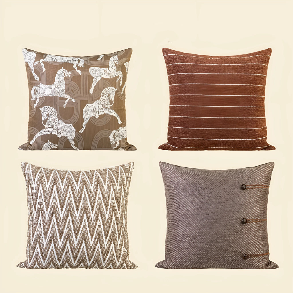 Chinese ancient style square pillow cushion in Maillard colours on a sofa.