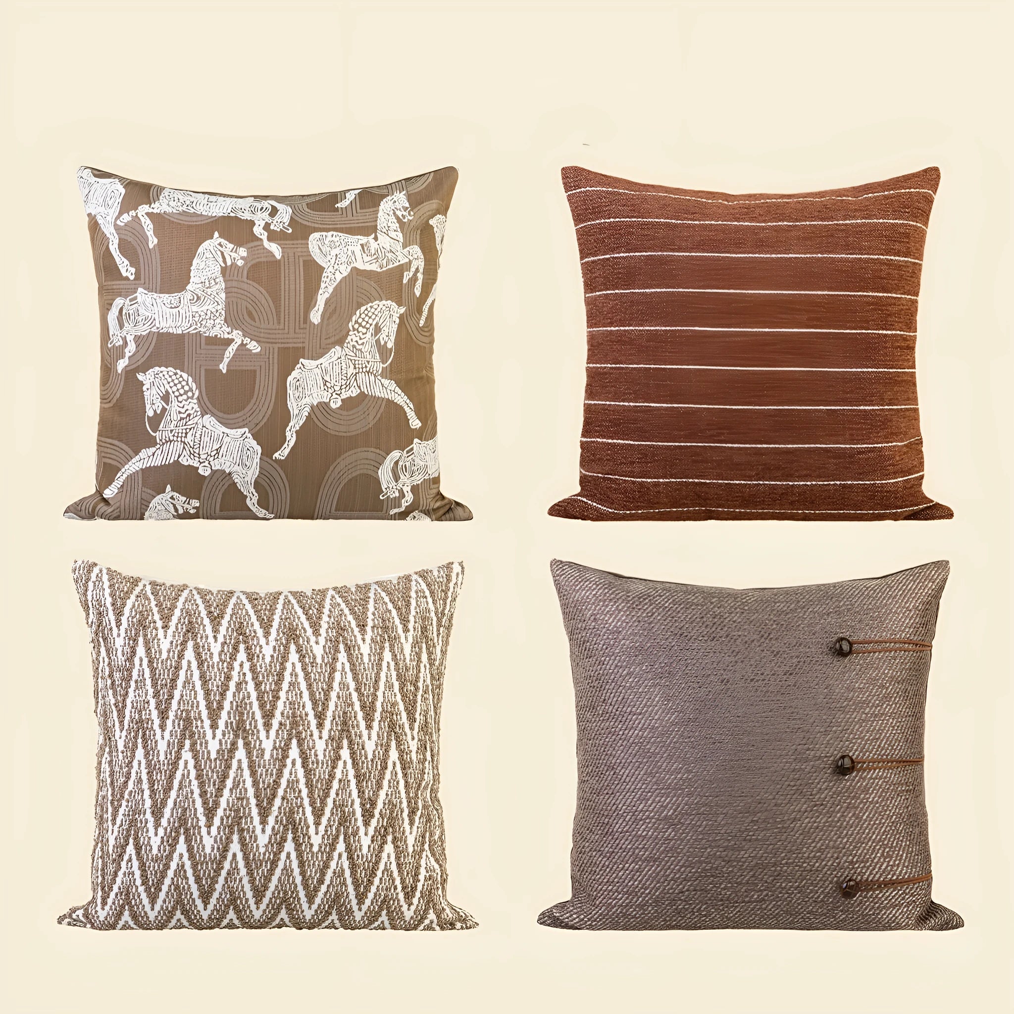 Chinese ancient style square pillow cushion in Maillard colours on a sofa.