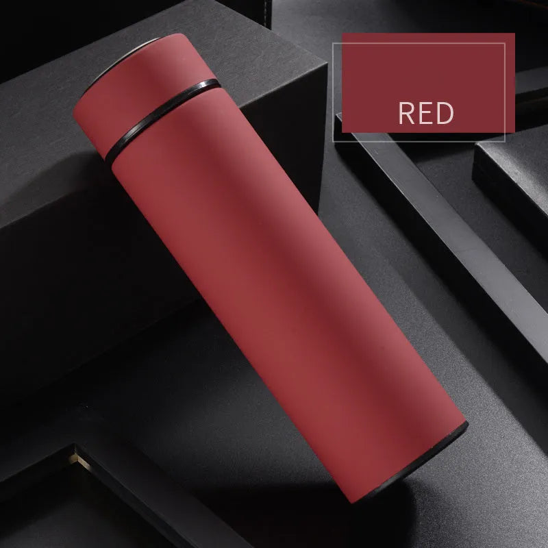 Black stainless steel water bottle with double wall vacuum insulation and arrow mouth, 450ml capacity.
