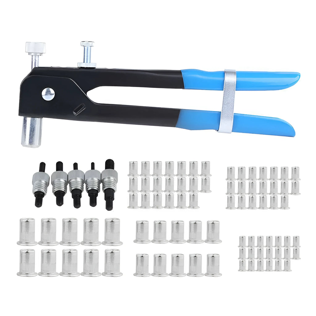 Alloy steel manual riveter nut tool set with spare rivet nuts on a workbench.