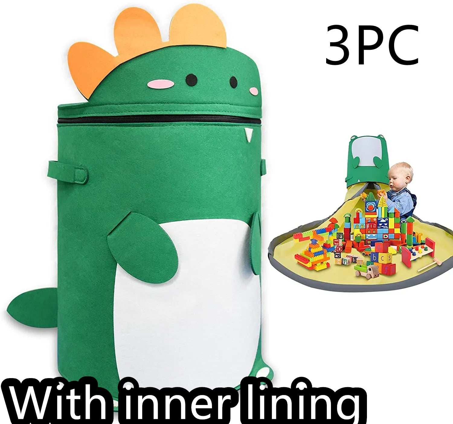 Green cube-shaped felt storage bag with a pull rope, shown as a toy organiser and play mat.