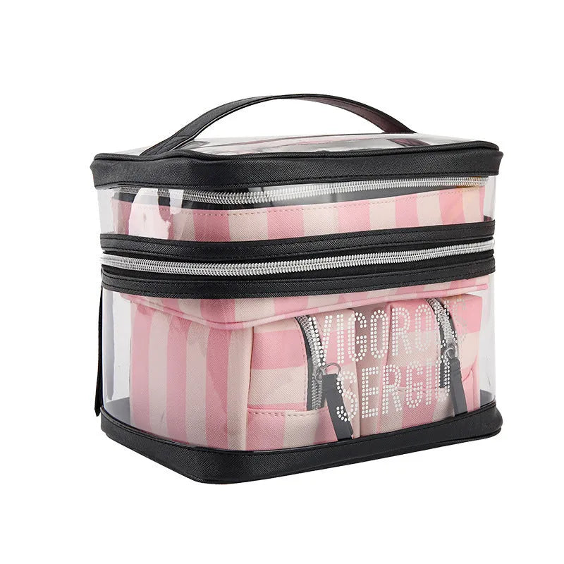 Pink bold stripes floral pattern waterproof synthetic leather makeup bag with folding design