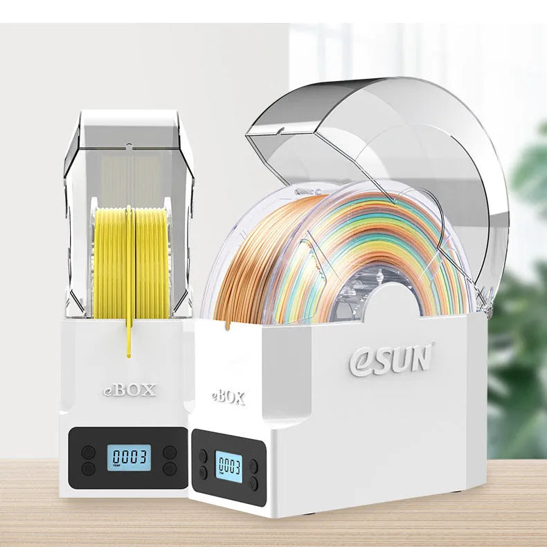 eBOX Lite 3D printing filament drying and storage box with wire heating, shown with adapter and plug options