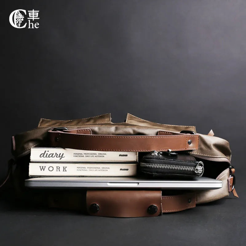 Dpark single shoulder slung laptop bag for 14-inch and 15-inch Lenovo and Apple laptops in black, brown, and khaki.