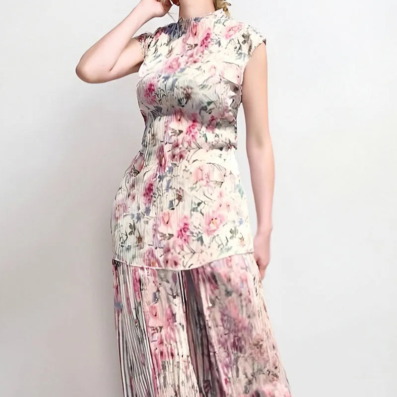 Women's printed long sleeve chiffon top with matching high-waisted skirt two-piece set