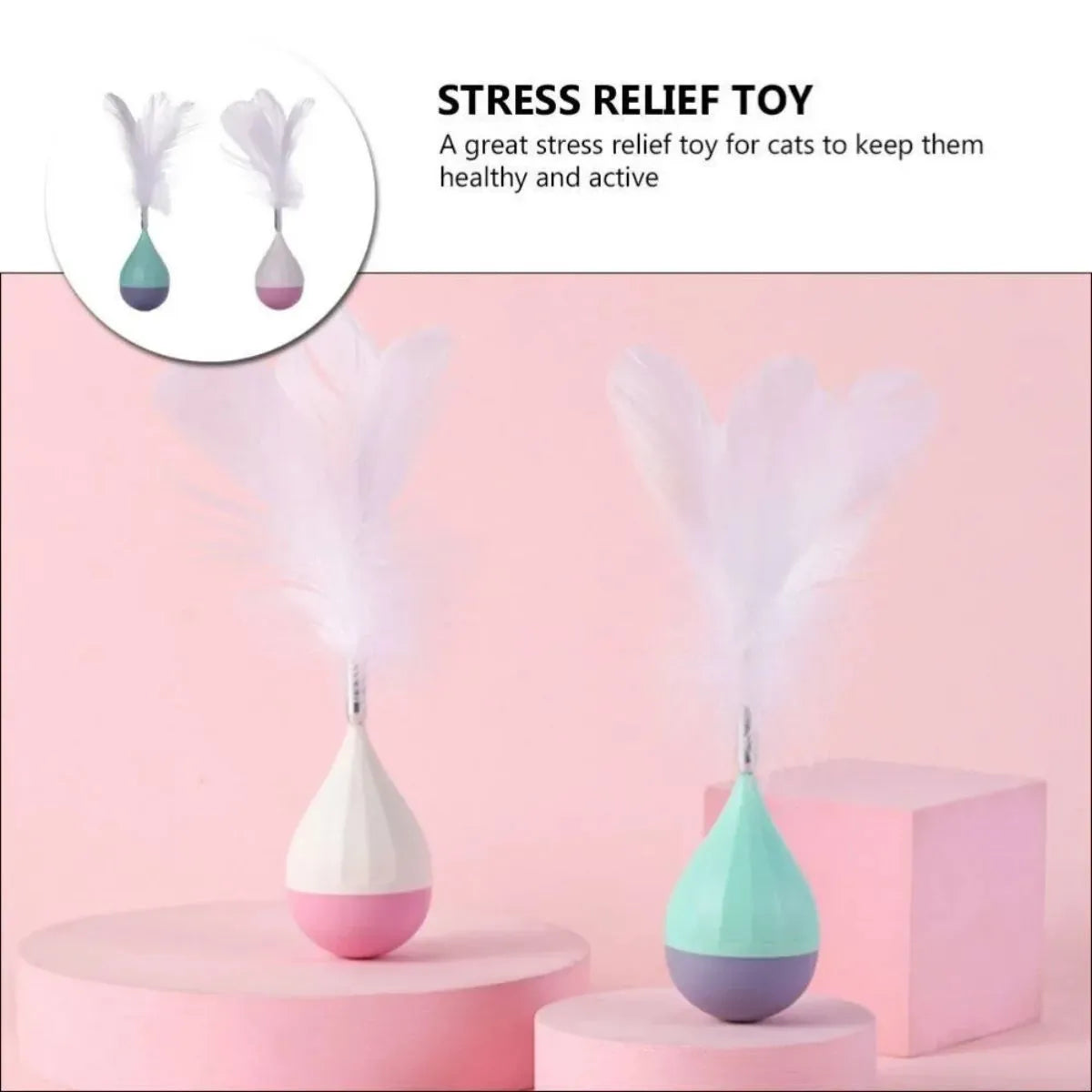Green or pink feather tumbler cat toy with aluminium rod and self-healing ball component