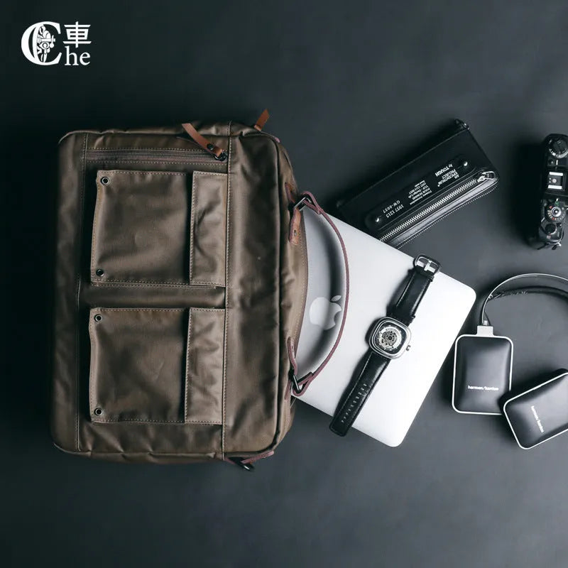 Dpark single shoulder slung laptop bag for 14-inch and 15-inch Lenovo and Apple laptops in black, brown, and khaki.