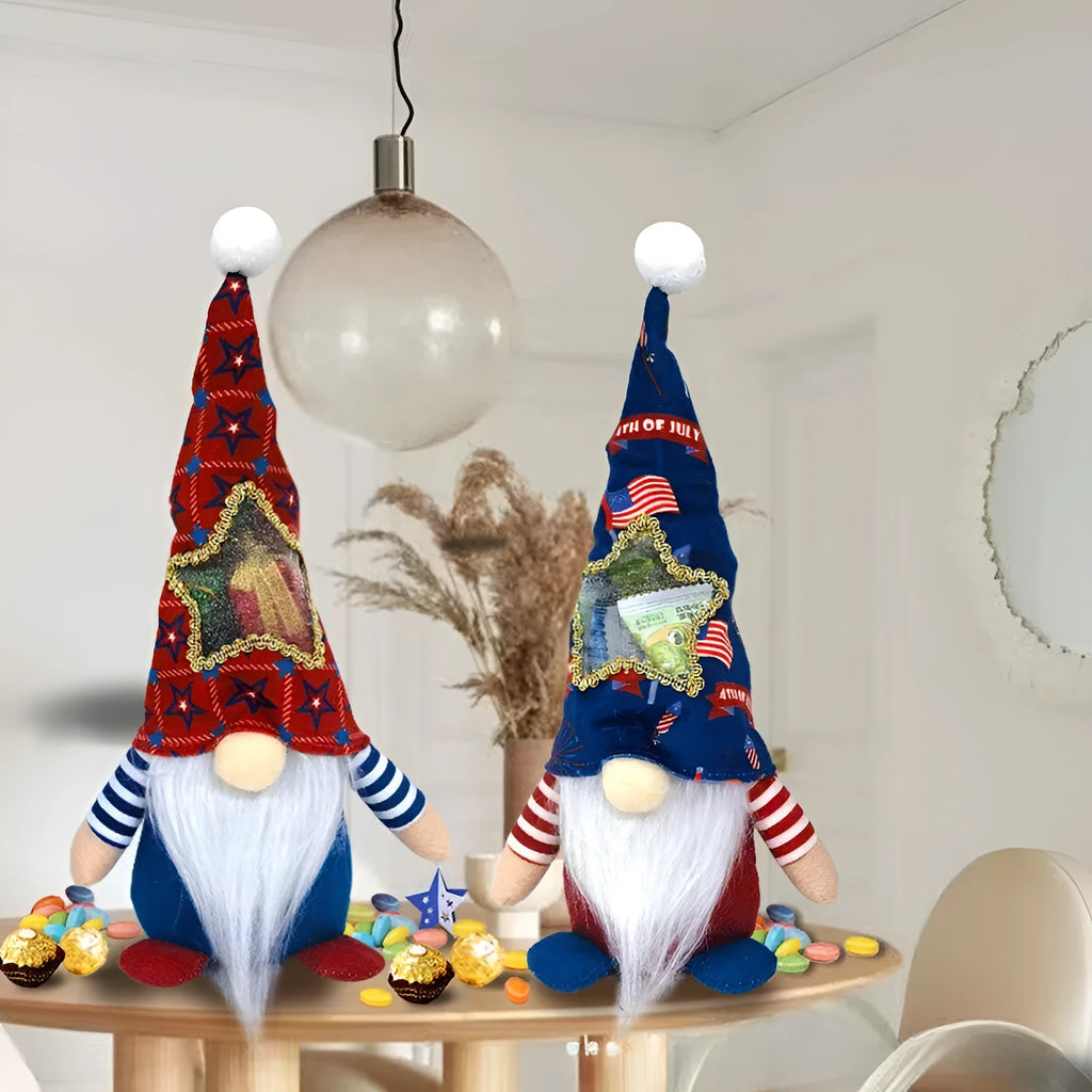 Two faceless baby doll Christmas ornaments with Rudolf candy bag design in polyester cloth