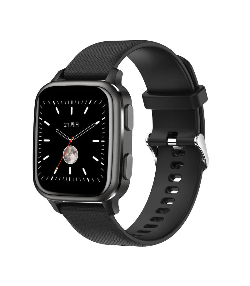 Smart bracelet fitness tracker with aluminium alloy case on wrist, showing heart rate data on screen.