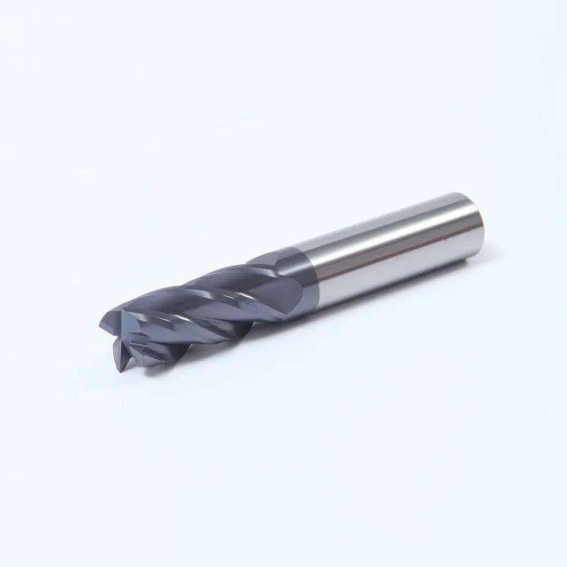 Carbide milling cutter with straight shank and spiral cutting edge showing four-slot design