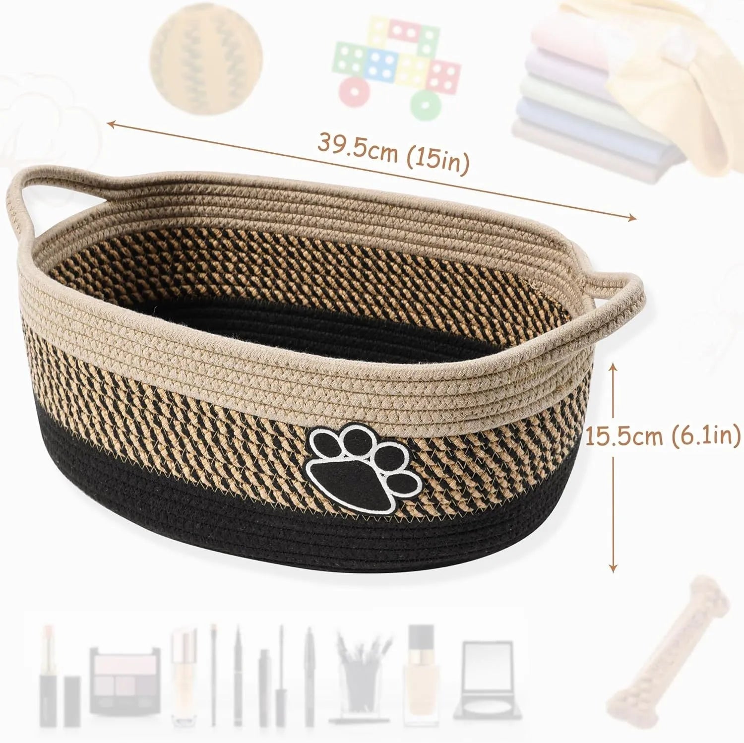 Light beige handmade cotton rope storage basket with handle on a wooden surface.