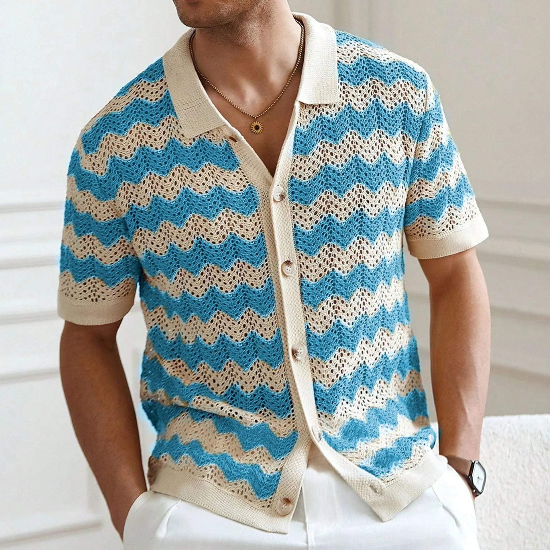 Hollow jacquard corrugated short sleeve sweater in Tencel viscose fabric showing textured knit pattern