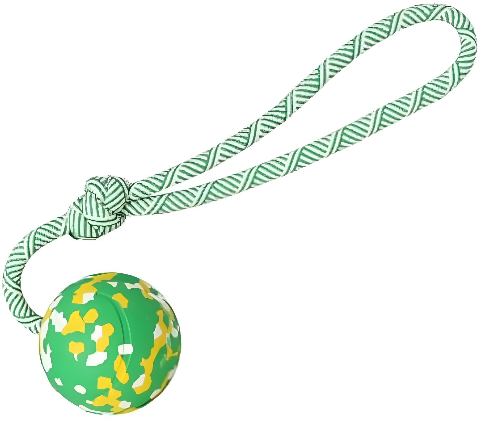 Natural rubber and bamboo fibre dog ball attached to a nylon rope for interactive play