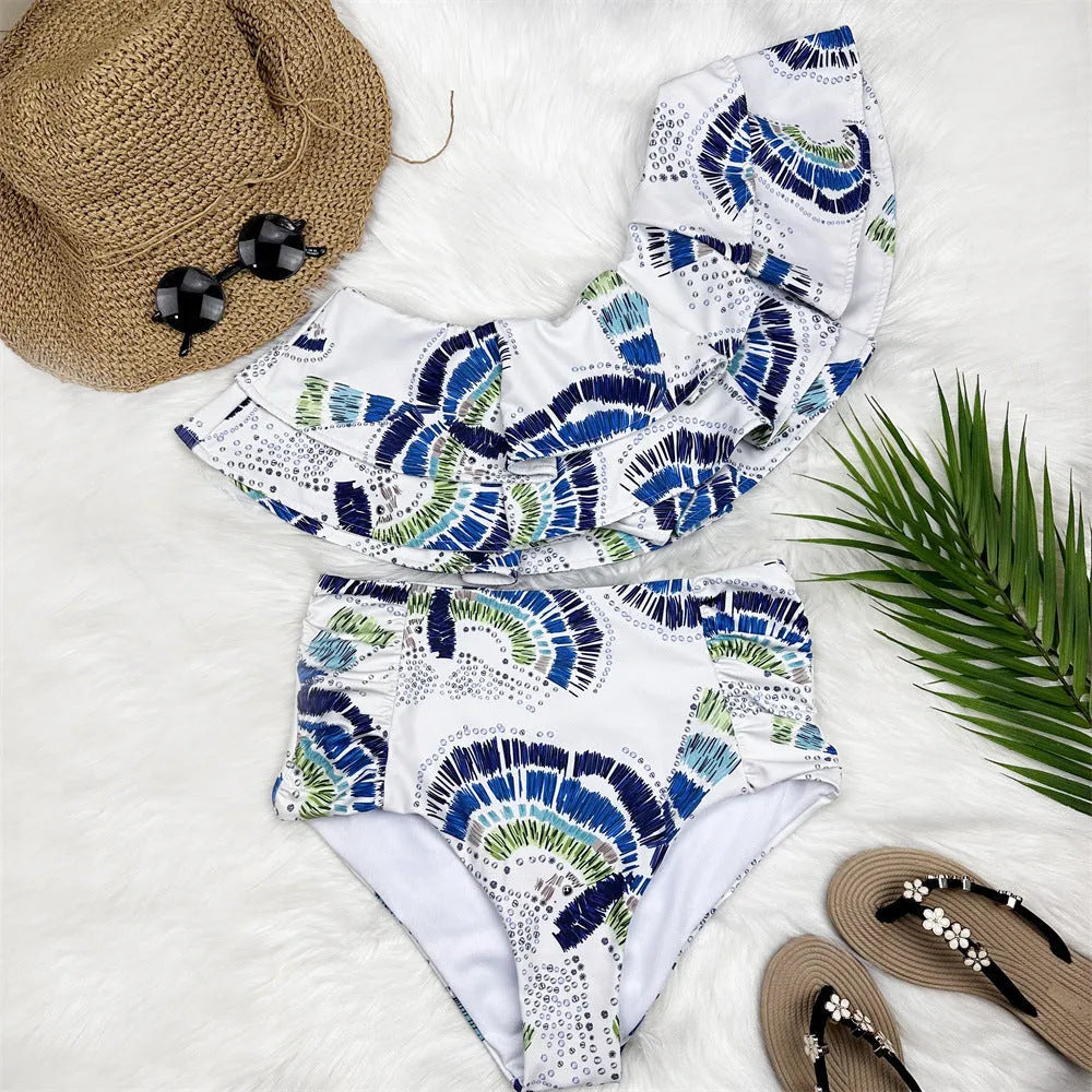 White women's one-shoulder swimsuit with lotus leaf detail and double-layer construction