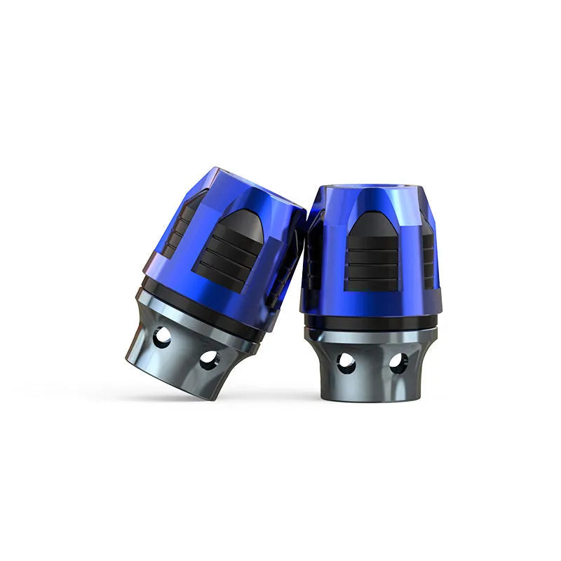 Pair of anodised aluminium alloy fork cups for motorcycle and electric car front axles.