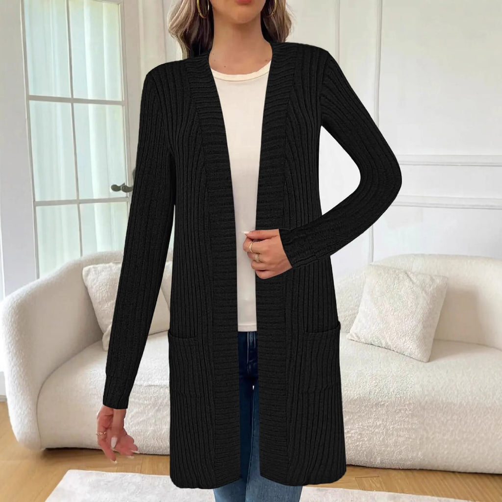 A loose-fitting long sleeve knitted cardigan jacket for plus sizes, shown in black, gray, or wine red.