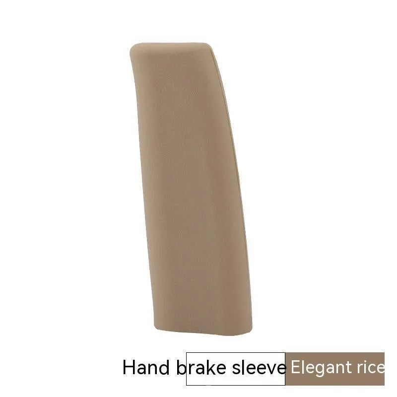 Universal silicone handbrake sleeve showing five colour options: beige, black, blue, grey, and red