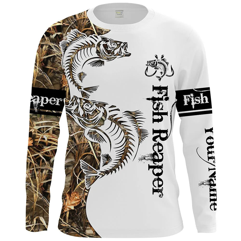 Men's grey pullover top with fish print design on front, round neck and long sleeves