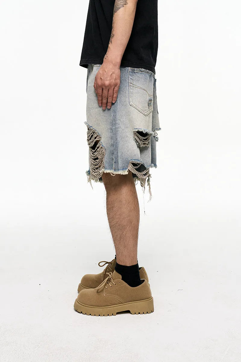 Men's light blue retro washed denim shorts with baggy wide-leg design and fifth pants length
