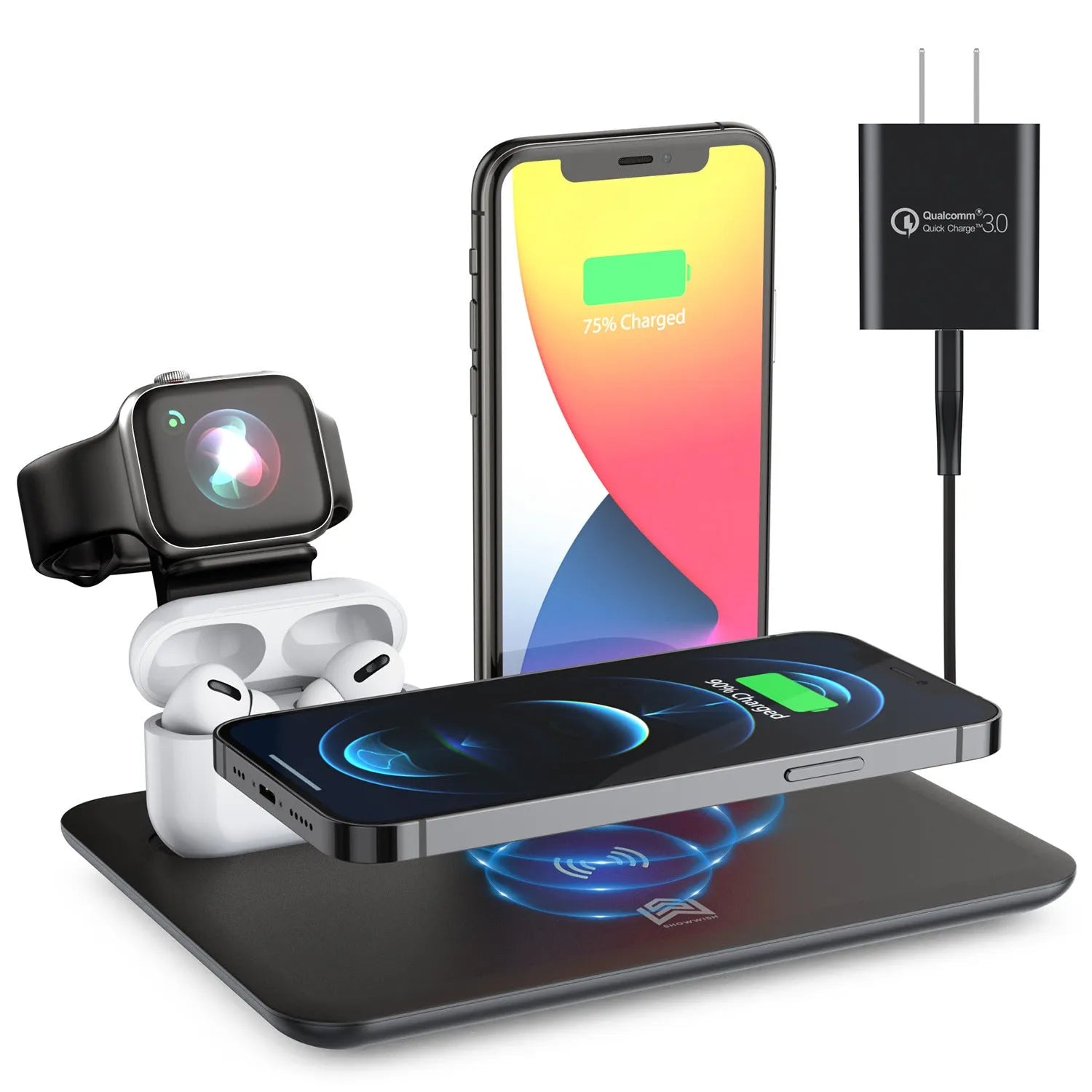 Black wireless charging desktop station holding a mobile phone, with ports for watch and headphones.