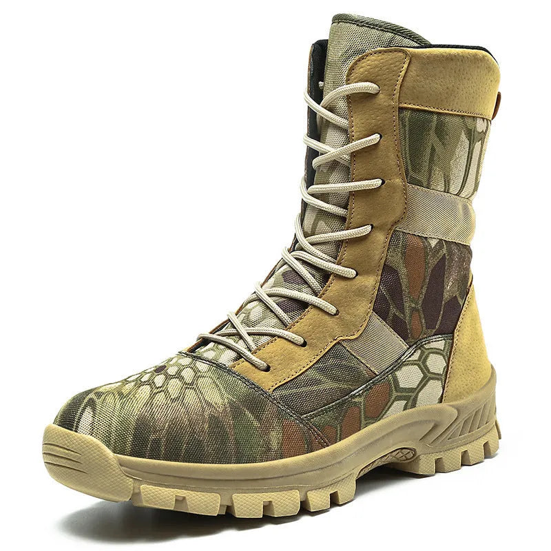 Men's black and camouflage high-top Martin boots with mesh upper and totem detailing