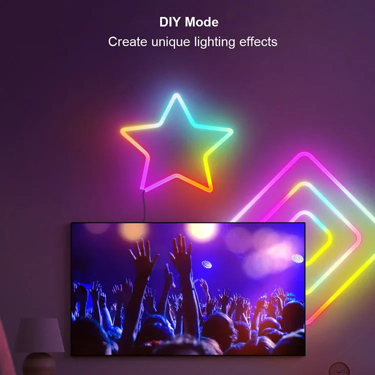 3 metre long RGB neon light strip with remote control showing colour-changing LEDs