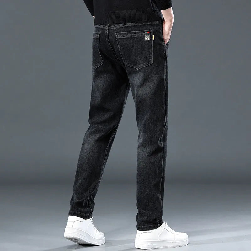 Blue grey slim straight casual men's trousers with a loose fit and mid waist.