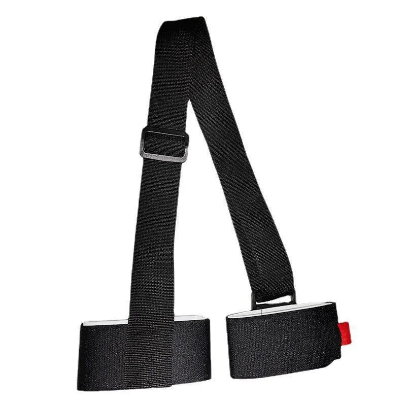 Adjustable hook and loop ski bandage strap for sleds and snowboards.