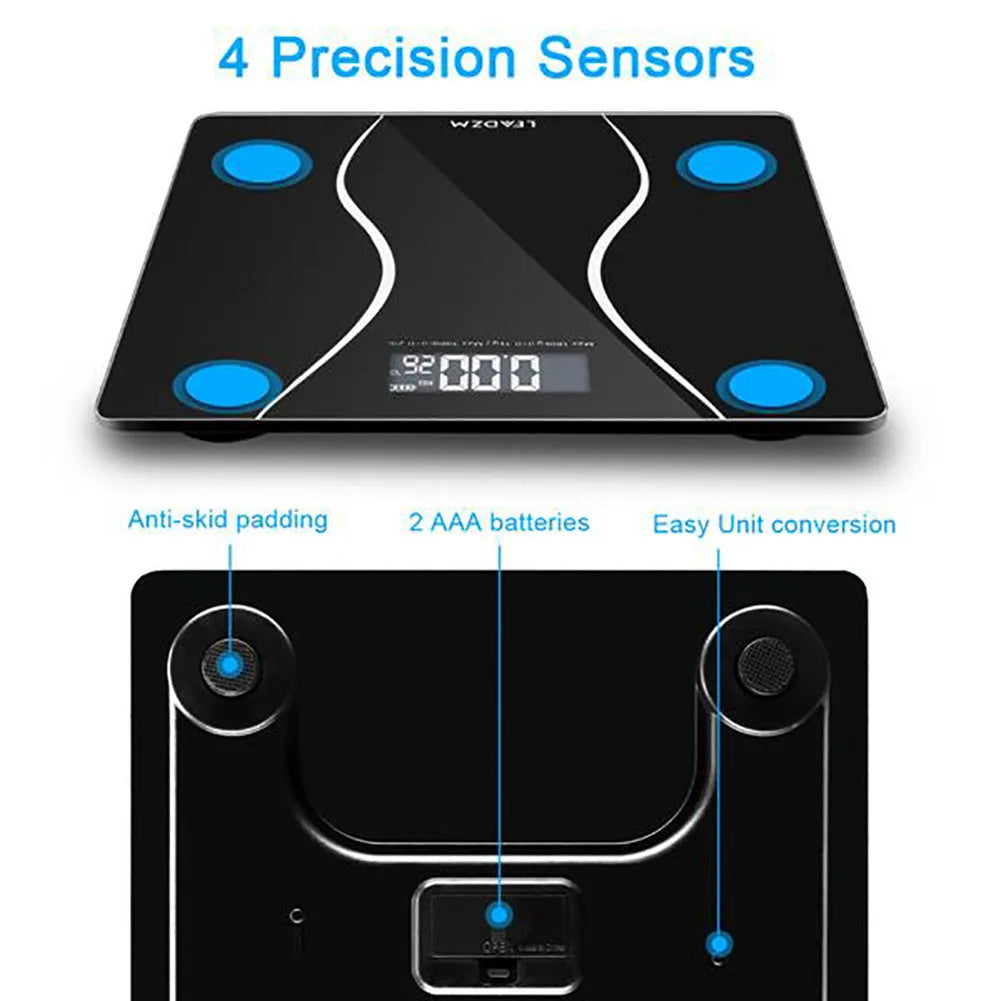 Black electronic household scale with digital display showing weight measurement up to 180kg capacity