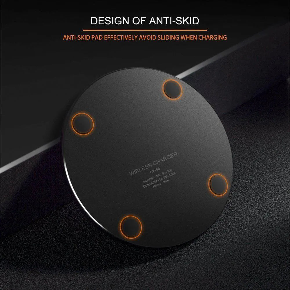 Ultra-thin black wireless fast charger with 9V QI charging and 98×98×6.5mm dimensions