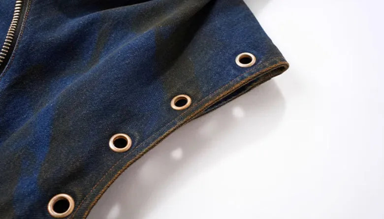 Blue Korean-style hooded denim vest coat and matching trousers outfit with front zipper closure