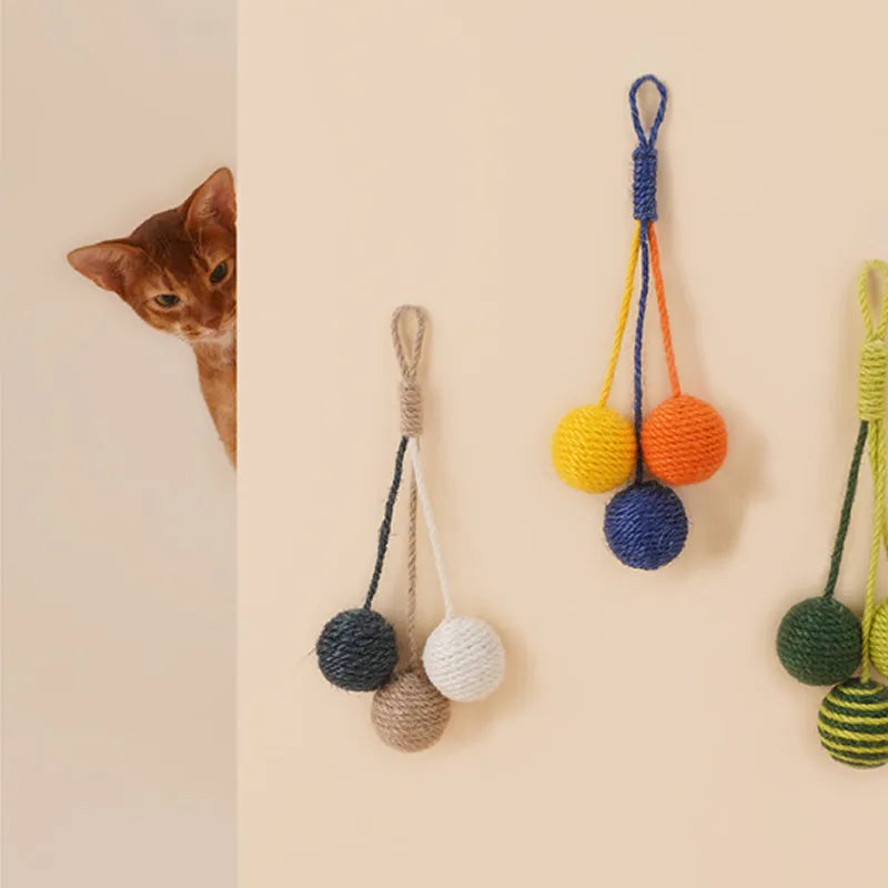 Four-piece cat toy set showing 255mm teaser wand with string, catnip ball, self-play wire, and fabric element in assorted colours