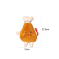 Five soft chew toys for kittens shaped like hamburger, chicken leg, fries, bread, and hot dog