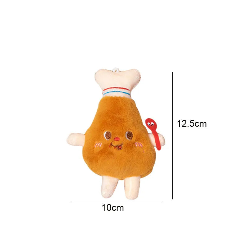 Five soft chew toys for kittens shaped like hamburger, chicken leg, fries, bread, and hot dog