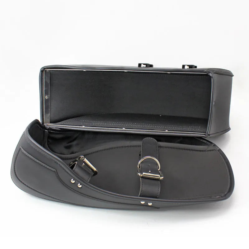 Retro-style black PU leather motorcycle saddle bag side box mounted on a bike
