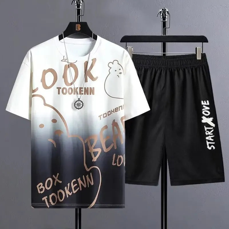 Men's summer ice silk suit featuring short sleeve T-shirt and matching shorts in polyester fabric