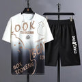 Men's summer ice silk suit featuring short sleeve T-shirt and matching shorts in polyester fabric