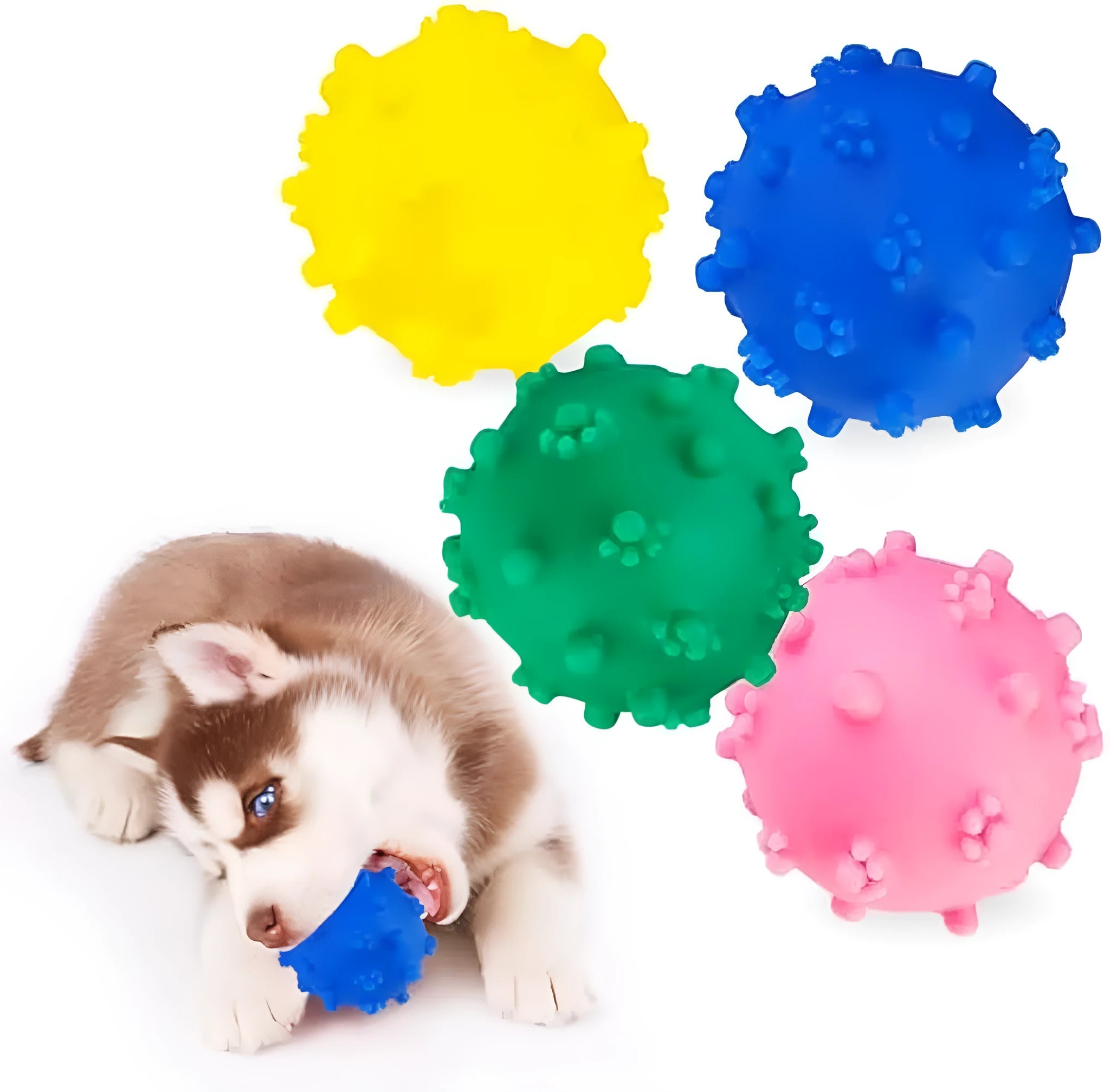 Bright coloured spiked dog toy balls with paw print dimples, 2 inches diameter