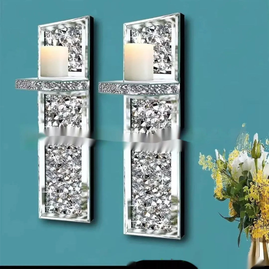 Pair of silver mirror glass wall-mounted candle holders with modern design