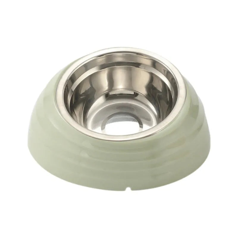 Stainless steel cat bowl with plastic non-slip base in a choice of beige, brown, or light green colours.