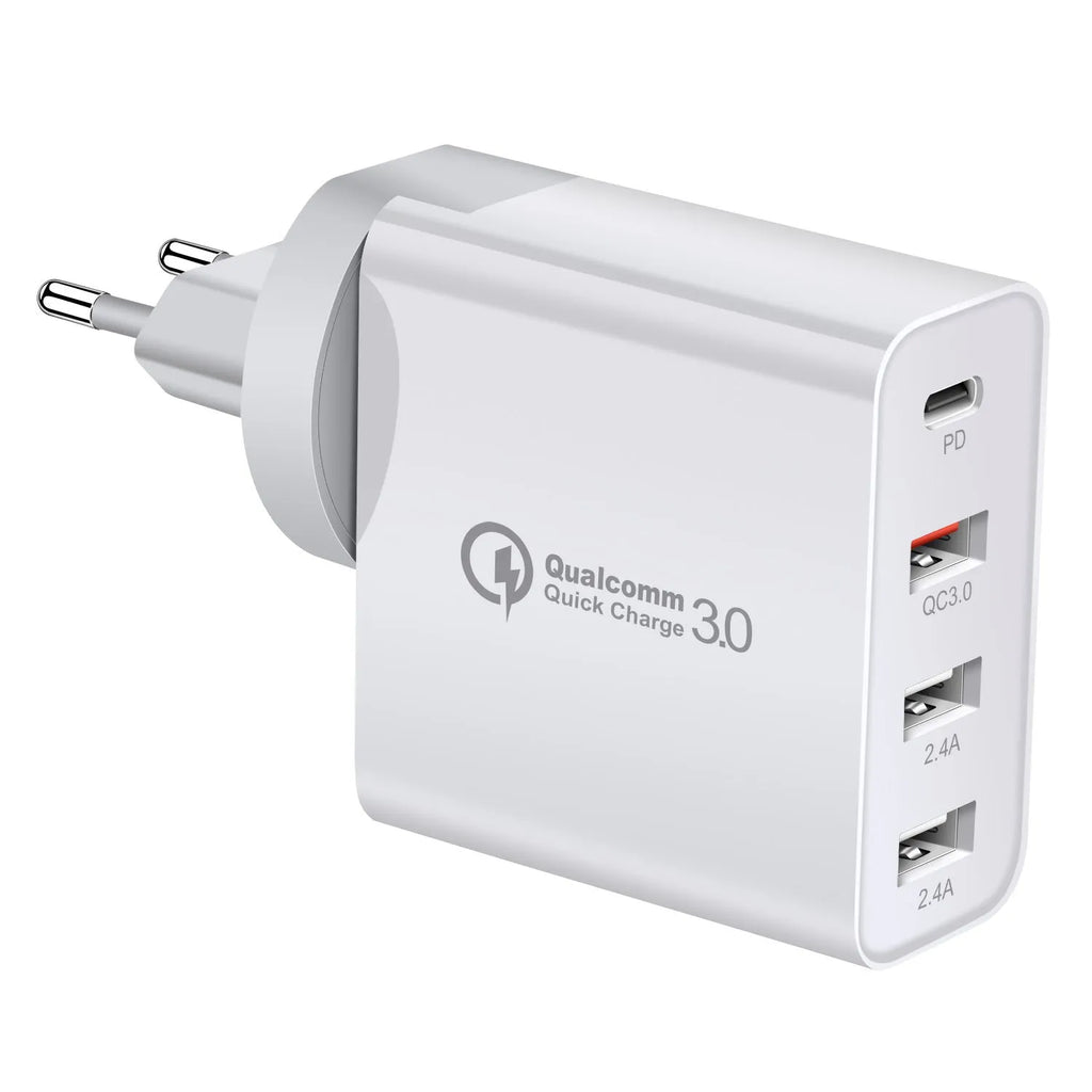 Black 48W four-port USB-C PD fast charger with LED indicators showing charging status